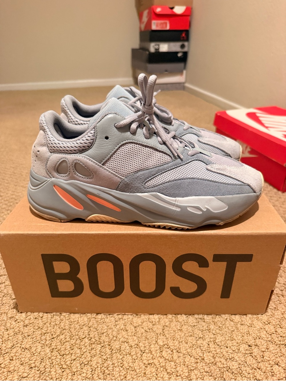 Mens Adidas Yeezy Boost 700 Grey Sneaker with Orange Accents